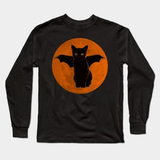 Orange Moon Bat Cat Long Sleeve T-Shirt